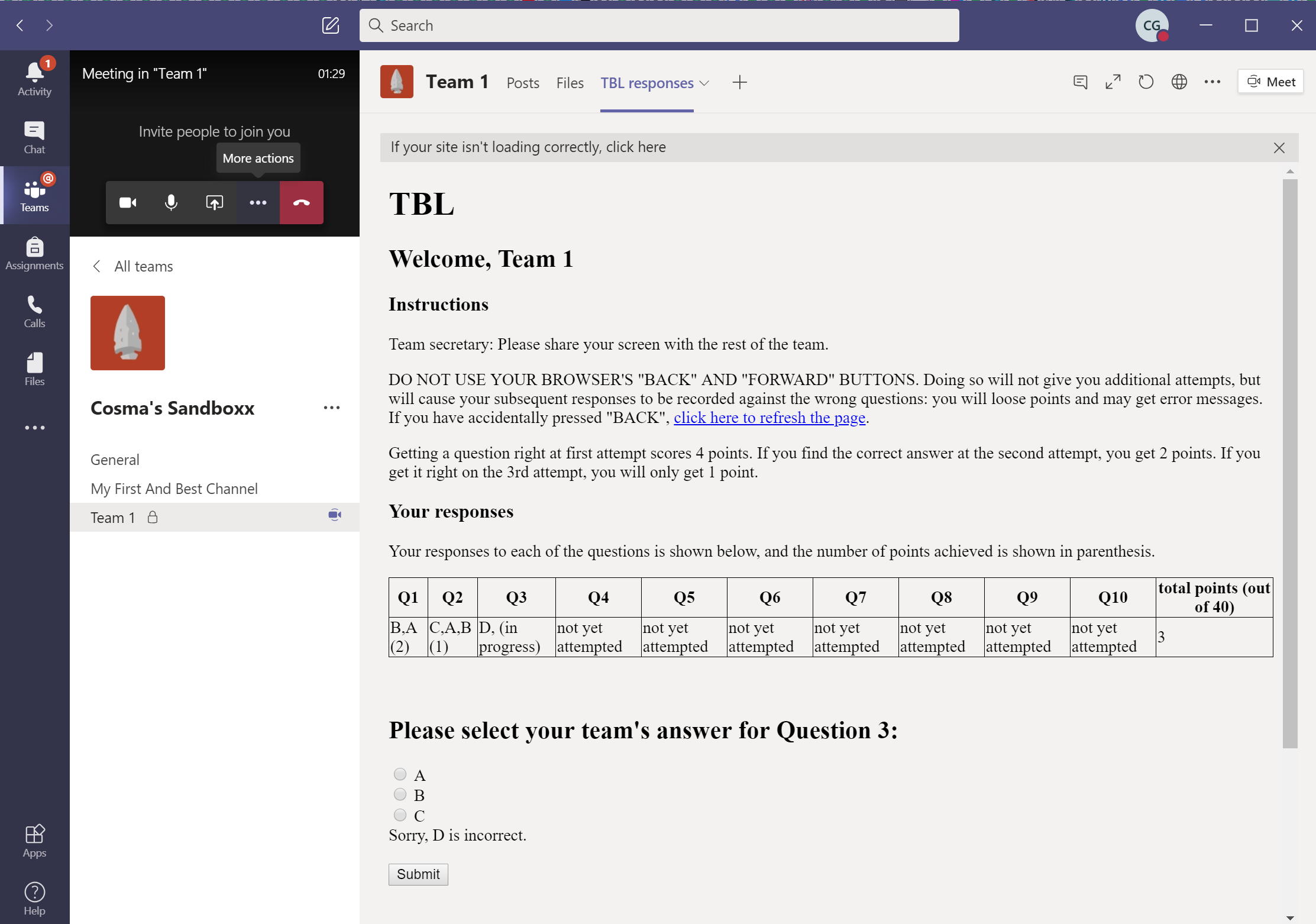 Student view after embedding in Microsoft Teams